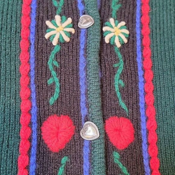 VINTAGE WINONA HAND EMBROIDERED WOOL CARDIGAN SIZE M GREEN RED - Picture 6 of 6
